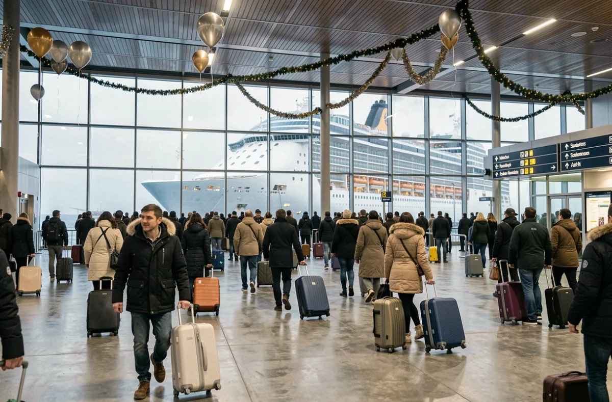 Terminal de croisière animé avec passagers et bagages lors d'un départ pour le réveillon du nouvel an