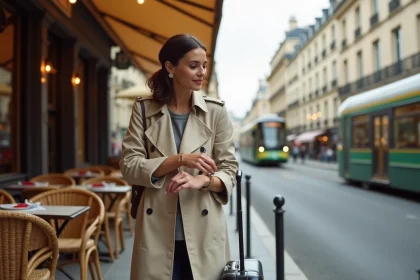 Femme avec valise à roulettes devant une terrasse de brasserie lyonnaise près de la gare Part-Dieu