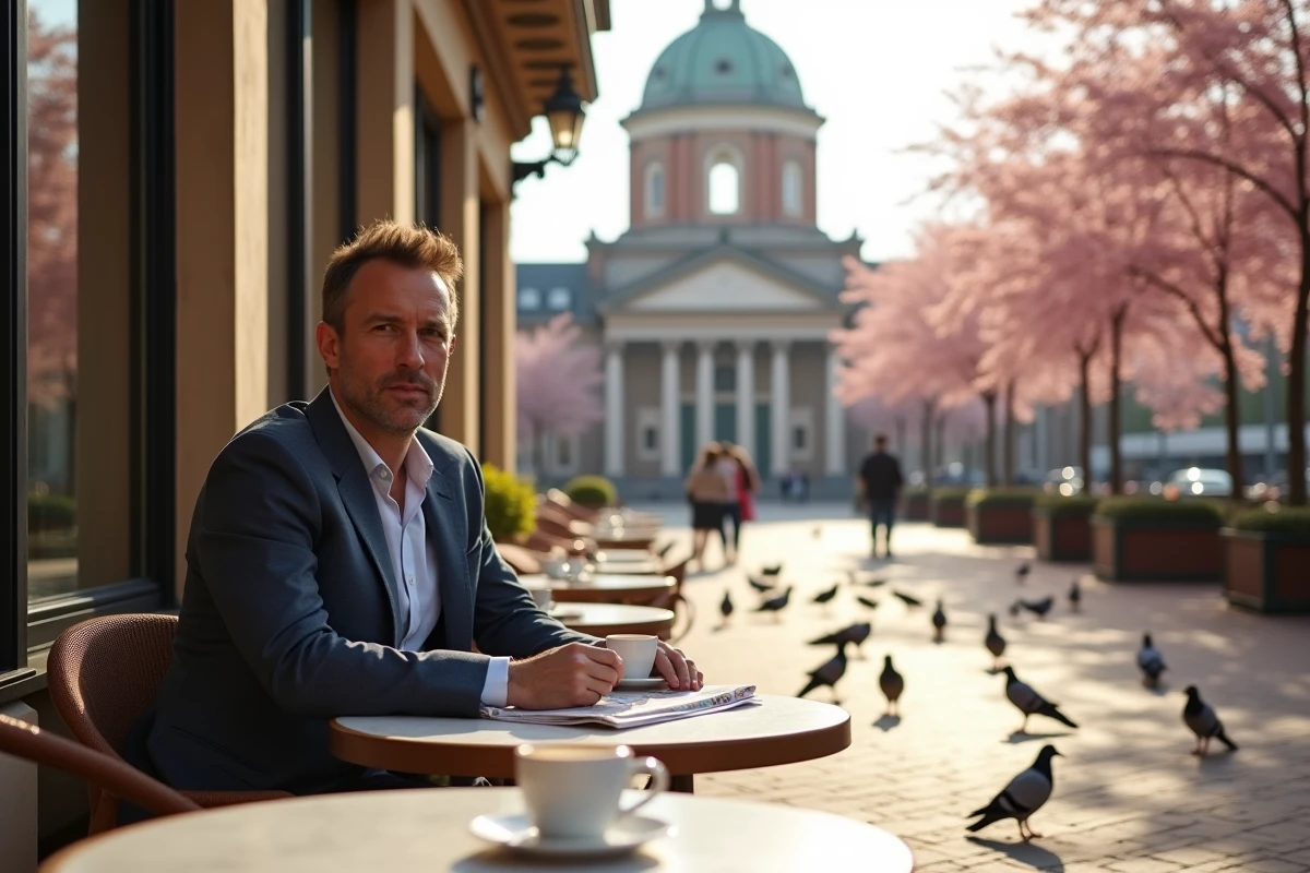 Terrasse de café ensoleillée près du Rijksmuseum sur le Museumplein d'Amsterdam au printemps avec cerisiers en fleurs
