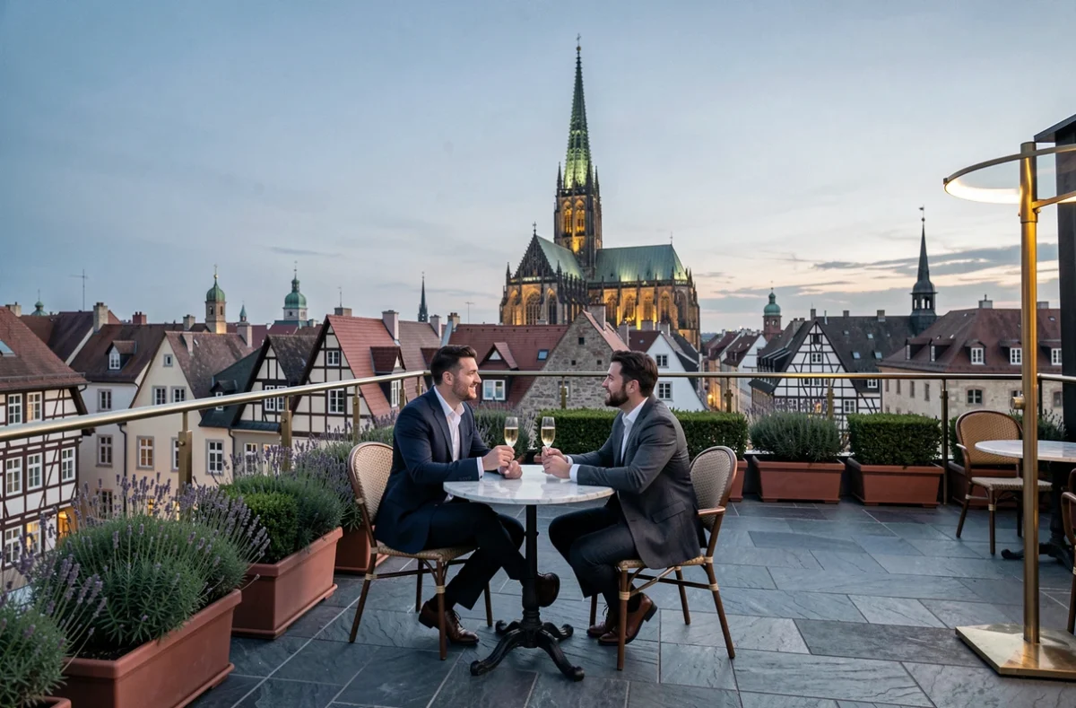 Terrasse panoramique d'hôtel 5 étoiles à Strasbourg avec vue sur la cathédrale Notre-Dame au crépuscule, couple dégustant du champagne