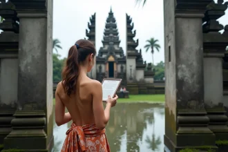 Touriste occidentale portant un sarong traditionnel balinais à l'entrée du temple de Taman Ayun, lisant les règles de visite devant les tours Meru emblématiques