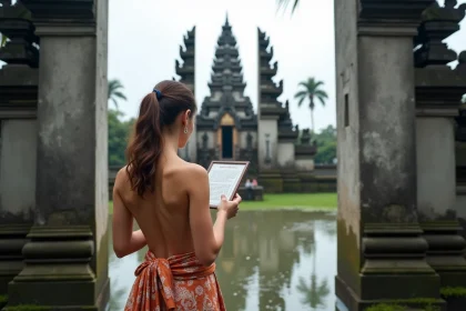Touriste occidentale portant un sarong traditionnel balinais à l'entrée du temple de Taman Ayun, lisant les règles de visite devant les tours Meru emblématiques