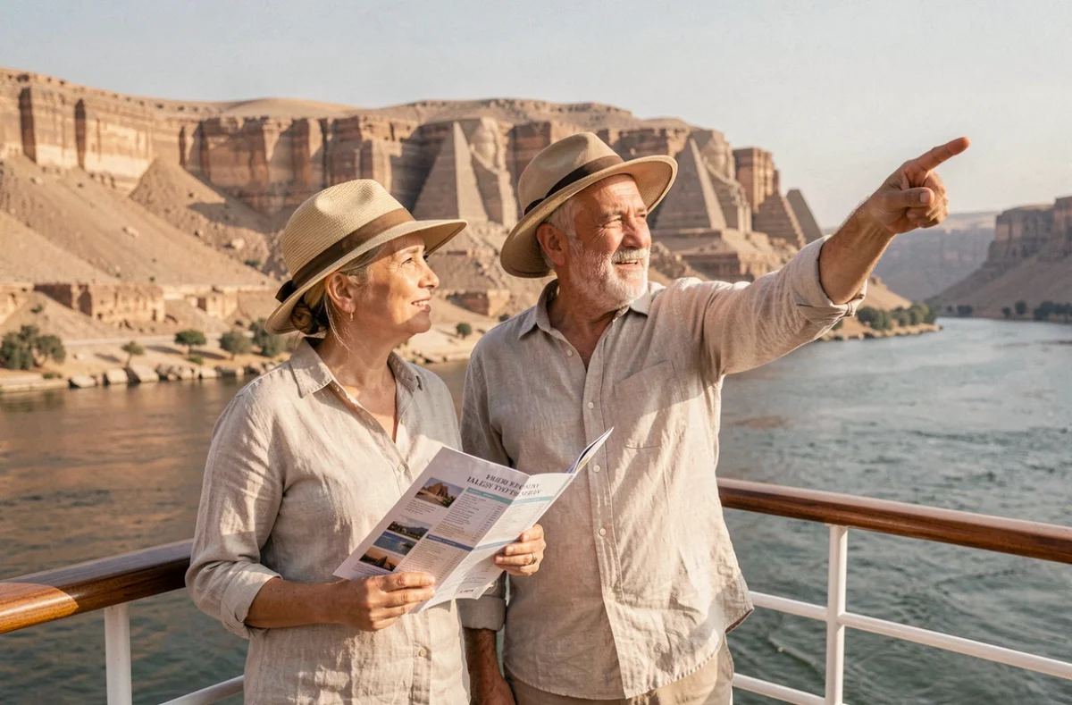 Couple de touristes sur le pont d'un bateau de croisière sur le Nil en Égypte