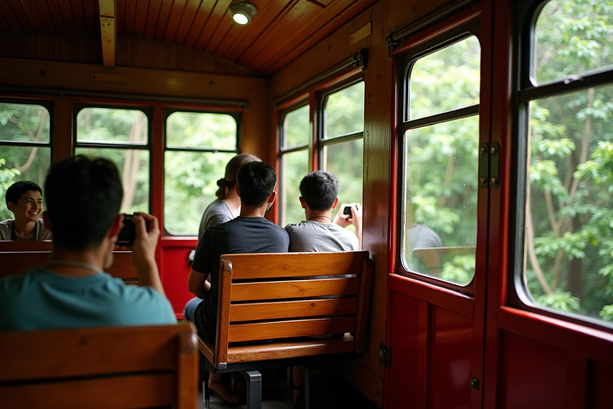 Touristes à bord du train à crémaillère traversant la forêt tropicale vers le Corcovado