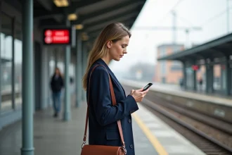 Femme professionnelle attendant un train à la gare de Rodange pour rejoindre Luxembourg-Ville, illustrant le trajet domicile-travail depuis Pétange
