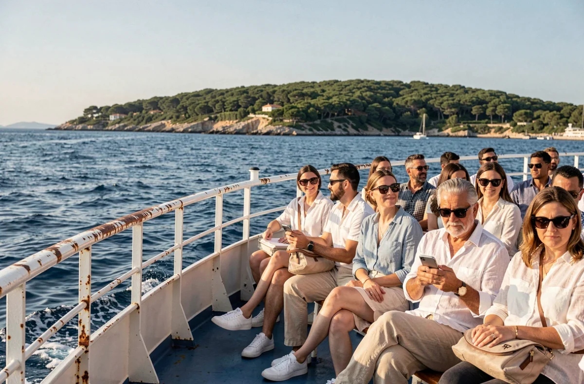 Passagers sur le pont supérieur du ferry en route vers Porquerolles en plein après-midi