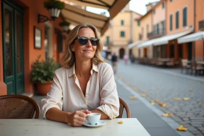 Femme seule en vacances en octobre sur une terrasse méditerranéenne ensoleillée et calme