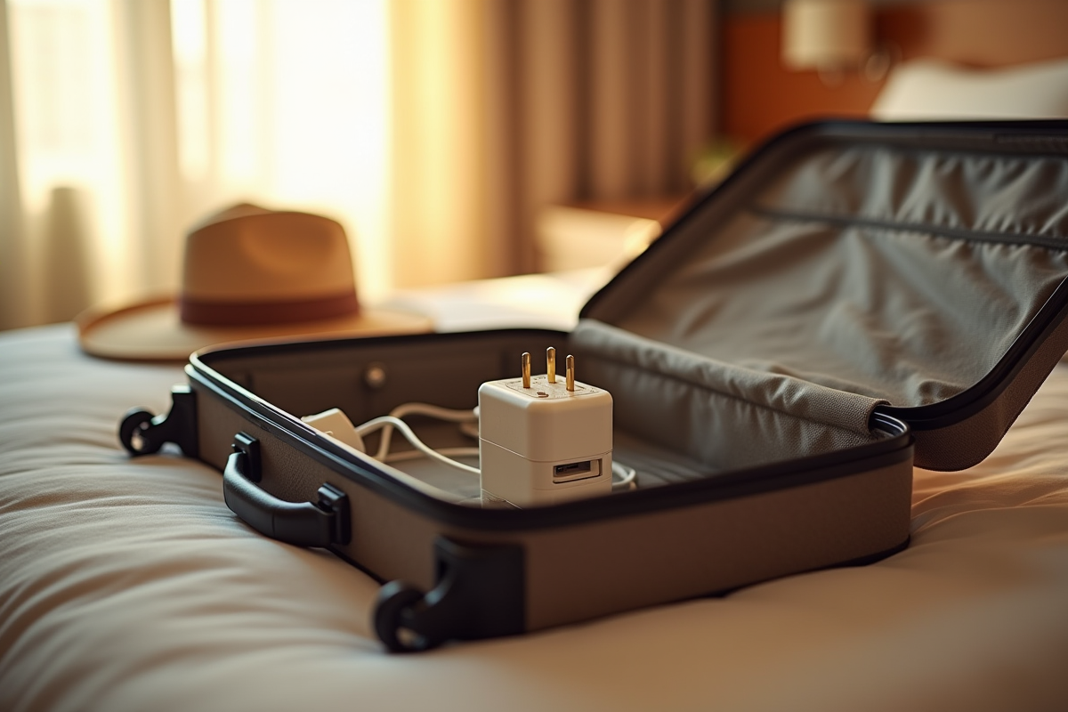 Valise ouverte avec adaptateur argentin et accessoires de voyage