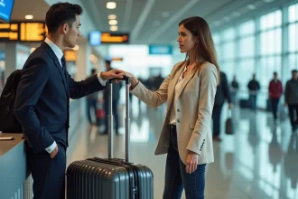 Femme au comptoir d'aéroport avec une valise cabine dans un gabarit de contrôle de dimensions, agent de compagnie aérienne vérifiant la taille des bagages