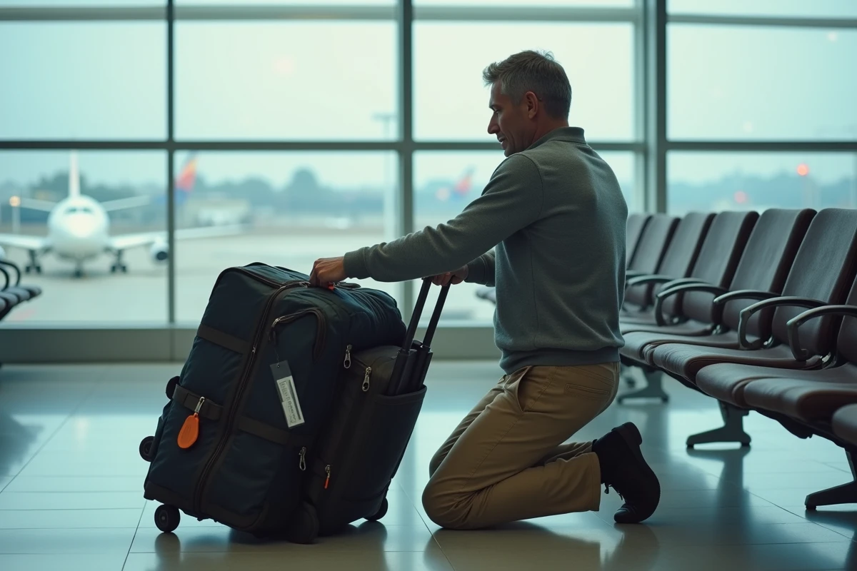Homme tentant de fermer une valise cabine trop pleine à une porte d'embarquement, bagages à main dépassant les dimensions autorisées