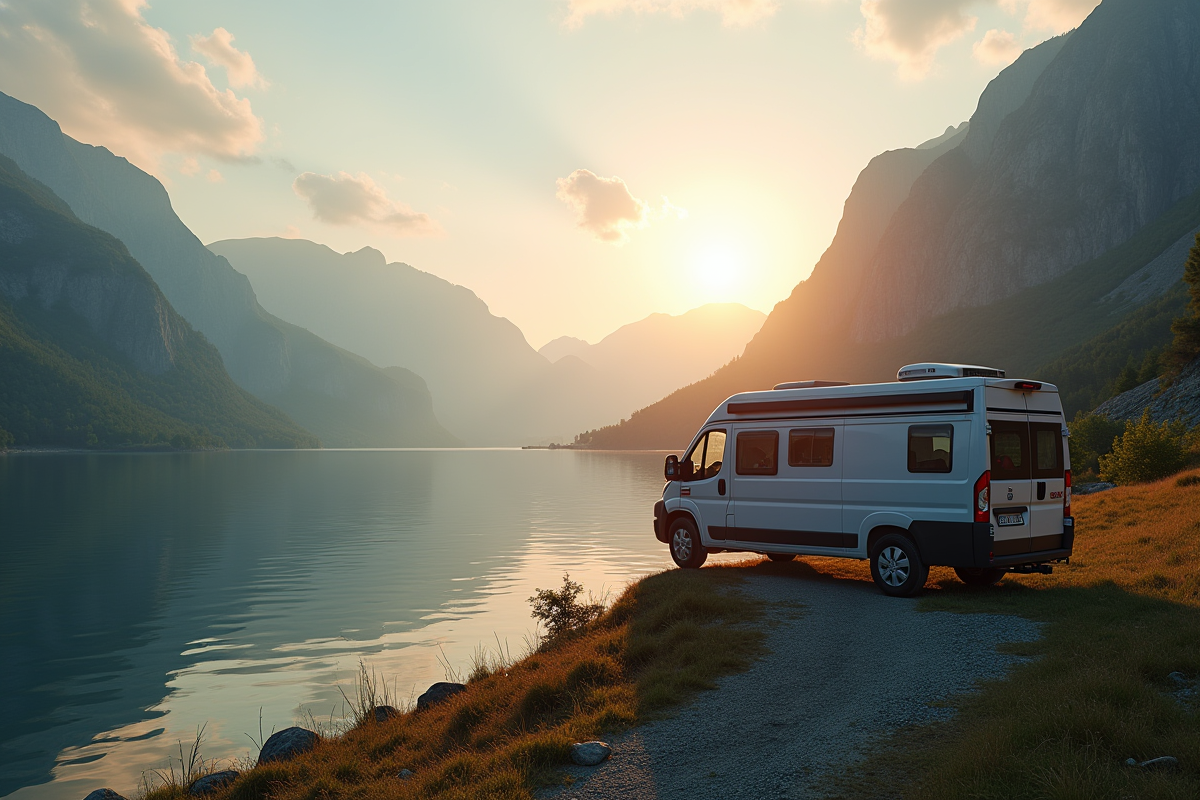 Van de camping au bord d'un lac au lever du soleil