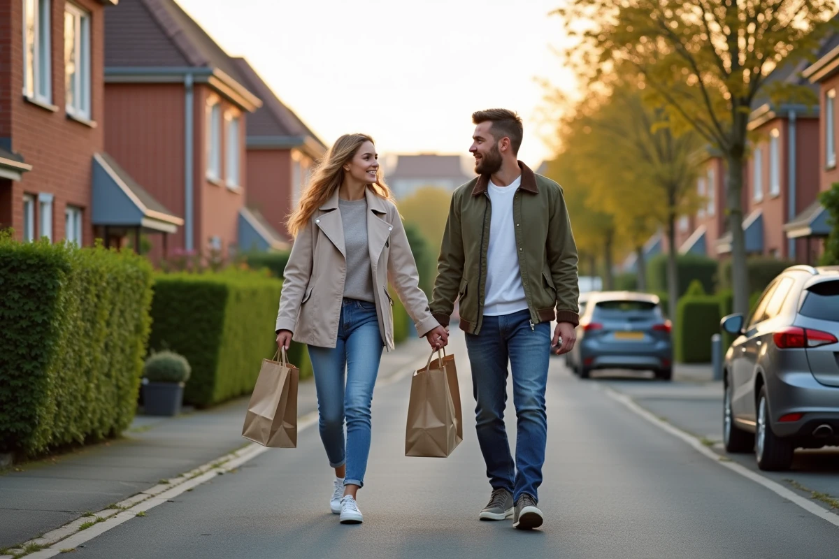 Couple se promenant dans un quartier résidentiel de Rodange au Luxembourg, illustrant la qualité de vie abordable près de Luxembourg-Ville