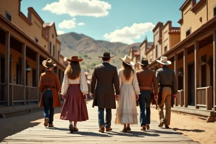 Groupe d'adultes en tenue western authentique dans une rue poussi&eacute;reuse