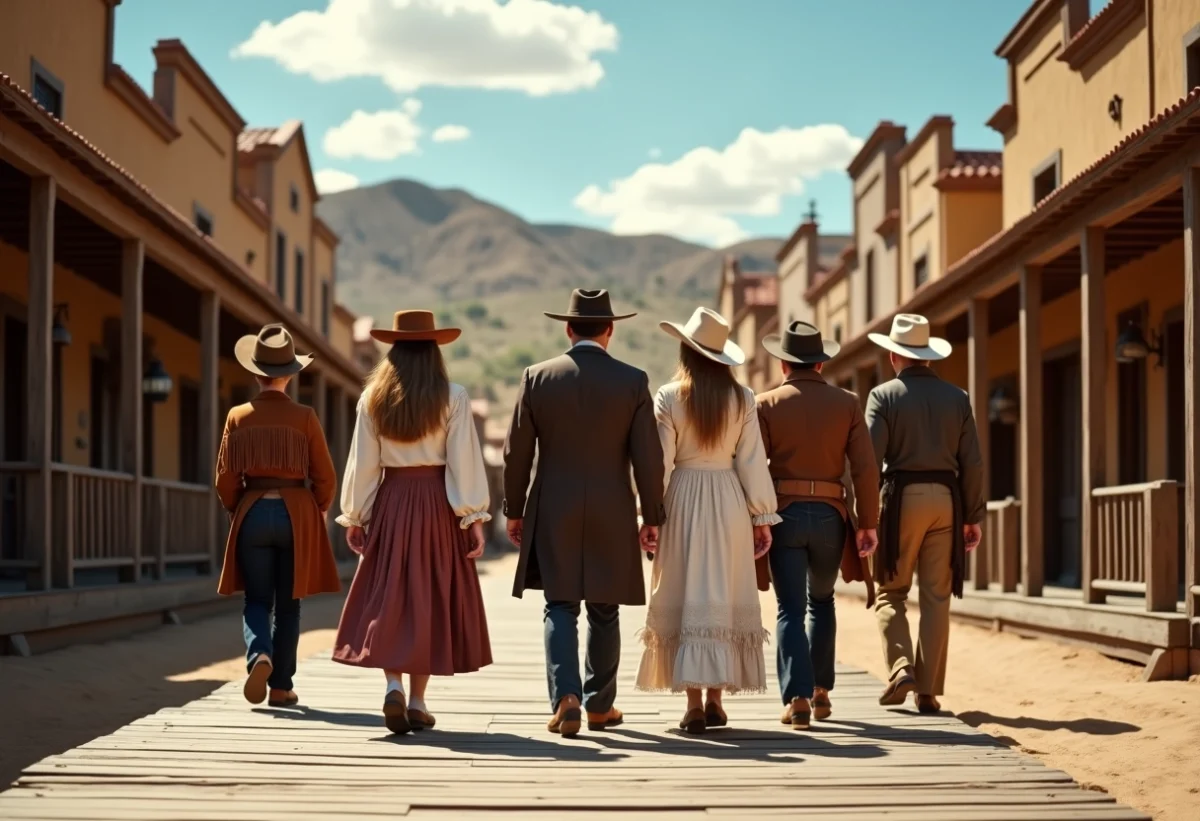 Groupe d'adultes en tenue western authentique dans une rue poussiéreuse