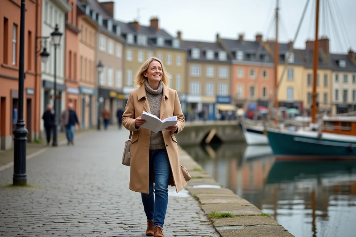 Femme explorant le vieux bassin d'Honfleur en Normandie avec maisons à colombages et reflets dans l'eau
