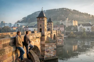 Le vieux pont de Heidelberg sur le Neckar avec ses tours médiévales et un couple de visiteurs contemplant le château en 2026
