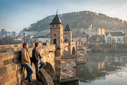 Le vieux pont de Heidelberg sur le Neckar avec ses tours médiévales et un couple de visiteurs contemplant le château en 2026