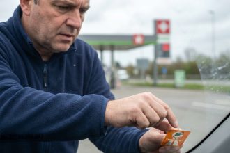 Homme collant une vignette autoroutière suisse sur le pare-brise d'une voiture à une station-service près de la frontière suisse