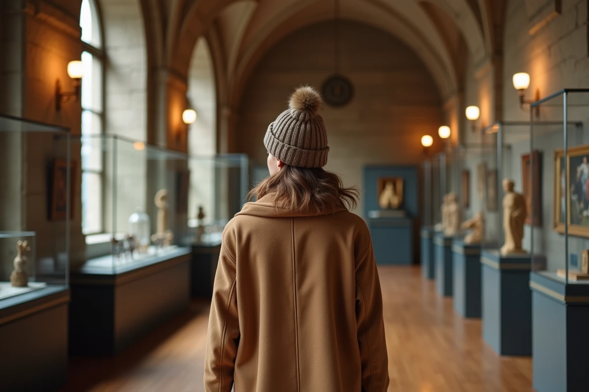 Femme visitant la galerie intérieure d'un château historique en hiver avec des œuvres d'art et des vitrines