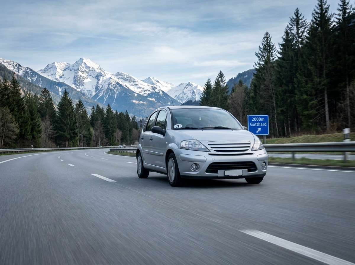 Voiture sur une autoroute suisse avec une vignette sur le pare-brise et un paysage alpin enneigé en arrière-plan