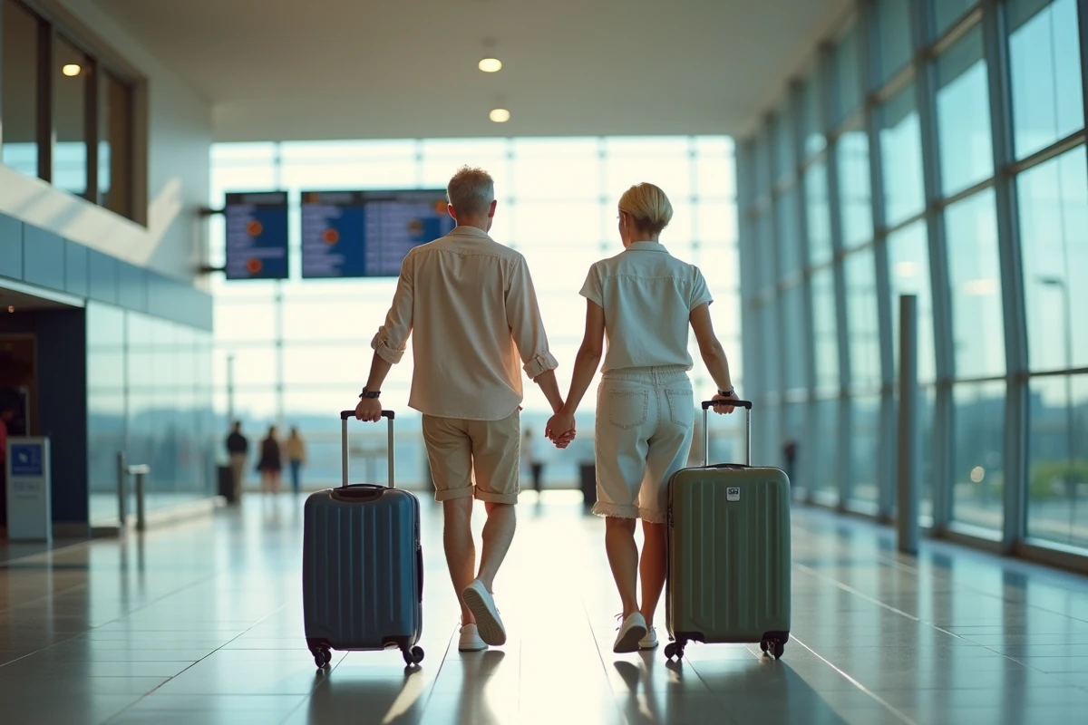 Couple avec valises dans un hall d'aéroport moderne partant en voyage pas cher grâce aux offres de vacances Leclerc