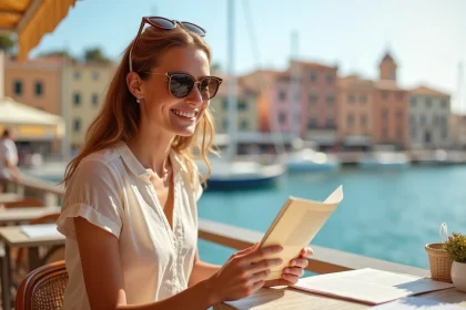 Femme consultant une brochure de voyage Leclerc sur une terrasse de café avec vue sur un port méditerranéen ensoleillé