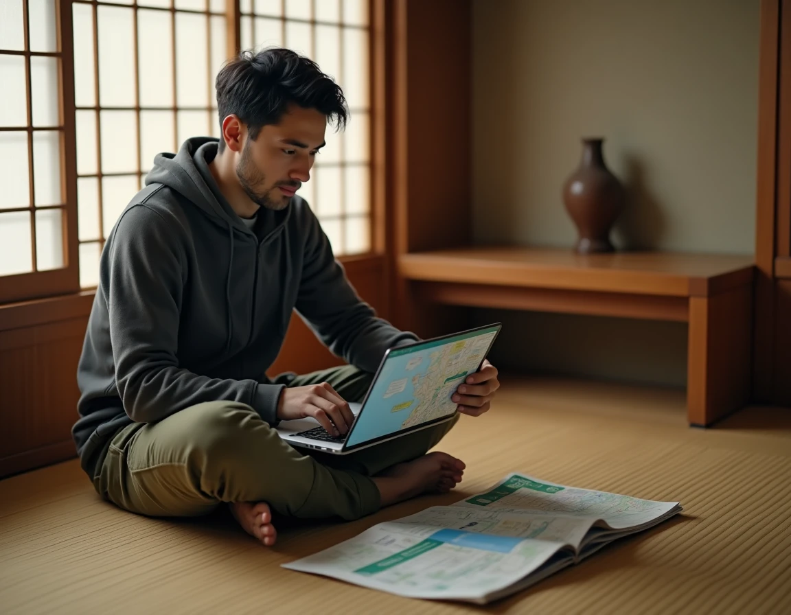Voyageur organisant son itinéraire Tokyo sur un ordinateur portable dans une chambre traditionnelle japonaise