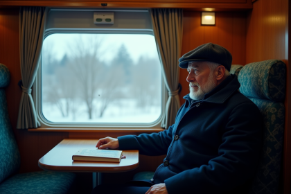 Homme d'âge moyen regardant par la fenêtre d'un train russe