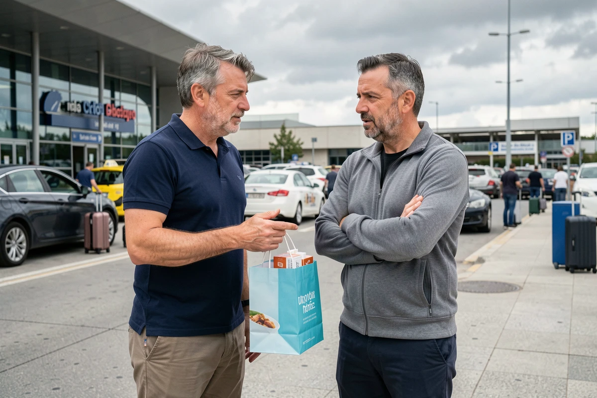 Deux voyageurs discutant d'une cartouche de cigarettes achetée en duty-free à l'aéroport en Espagne