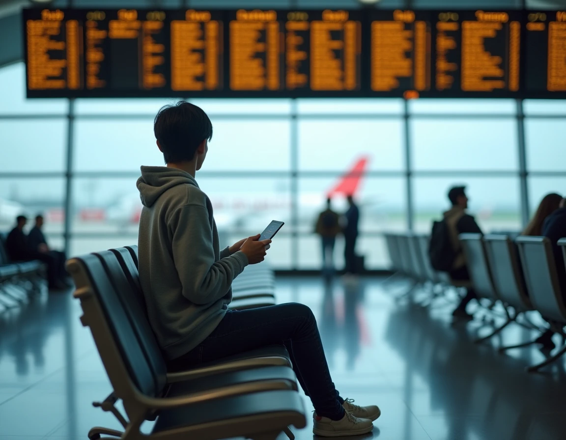 Voyageuse à l'aéroport consultant les départs pour un long vol international Paris Sydney