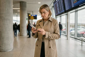 Voyageuse consultant son téléphone devant le tableau des départs au terminal Eurotunnel de Folkestone en cas de retard