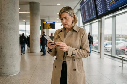 Voyageuse consultant son téléphone devant le tableau des départs au terminal Eurotunnel de Folkestone en cas de retard