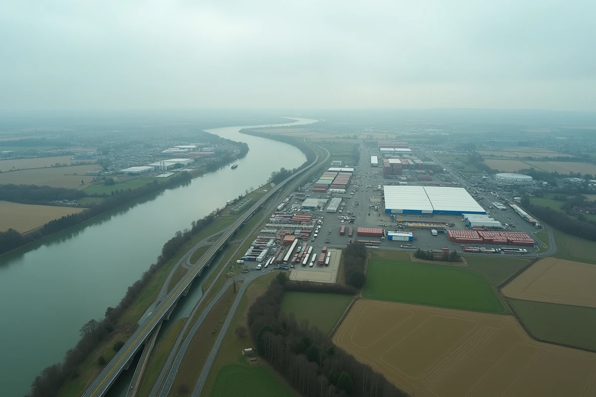Vue aérienne du corridor économique du Rhin près de Strasbourg avec entrepôts logistiques et péniches