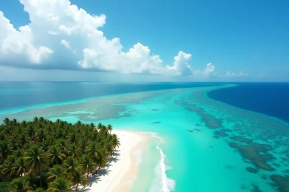 Vue a&eacute;rienne de la mer des Cara&iuml;bes avec un d&eacute;grad&eacute; turquoise et bleu profond, r&eacute;cif corallien et plage de sable blanc bord&eacute;e de palmiers