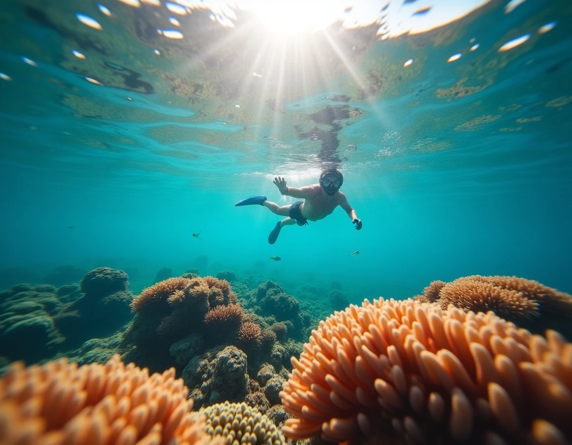 Vue sous-marine de la mer des Cara&iuml;bes avec un plongeur en surface, coraux color&eacute;s et poissons tropicaux dans une eau cristalline