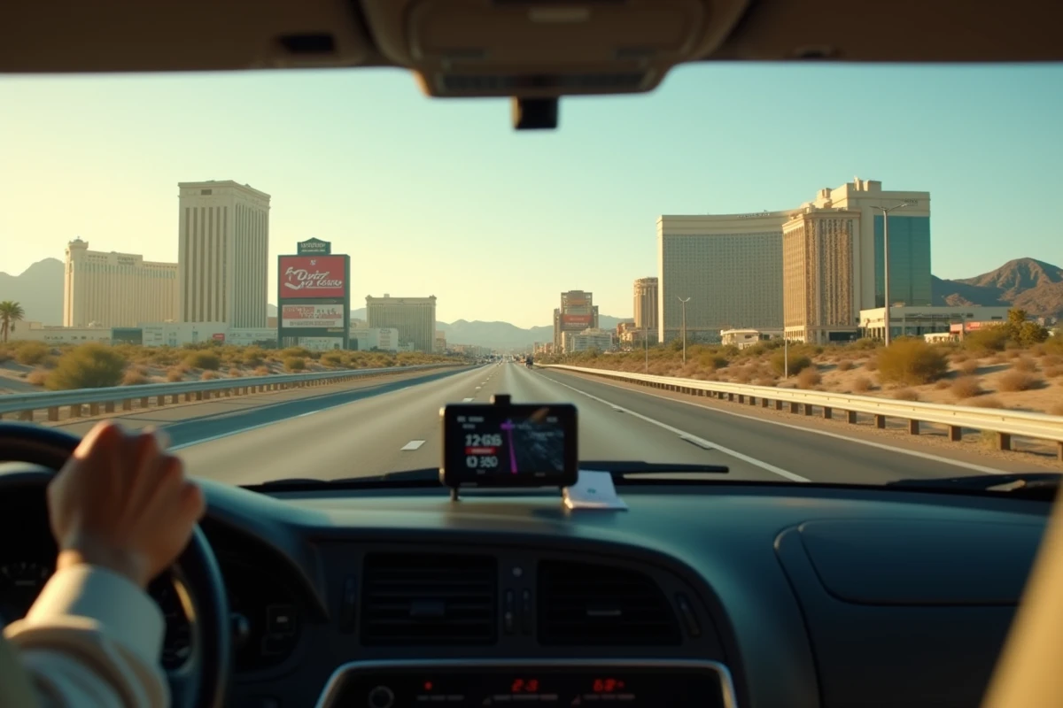 Vue depuis l'intérieur d'une voiture sur l'autoroute I-15 approchant Las Vegas depuis Los Angeles